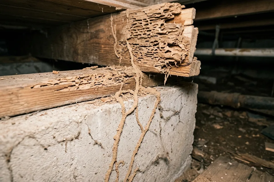 Termite-damaged sill plate and joist with mud tubes on a crawl-space foundation wall.