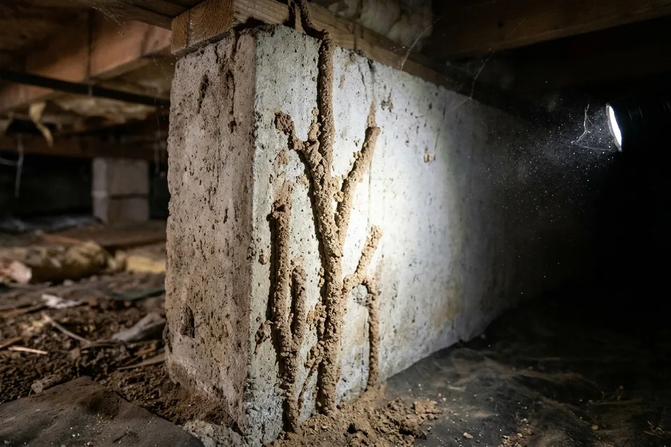 Termite mud tubes climbing a concrete foundation wall.