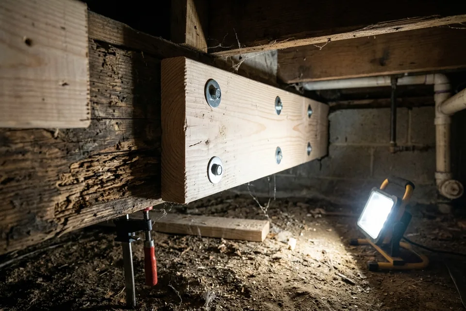 New lumber sistered onto a damaged joist after termite treatment.