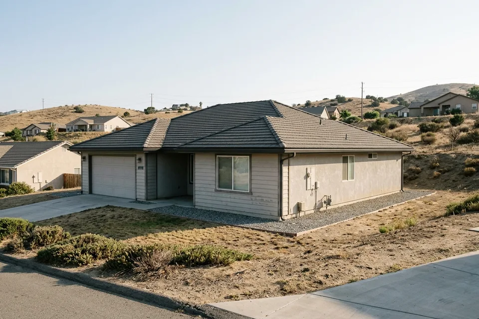 Home with a noncombustible gravel perimeter and trimmed vegetation for wildfire defensible space.