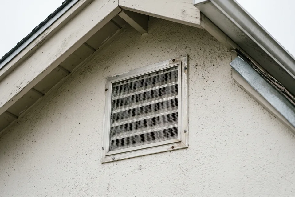 Attic vent covered with fine metal mesh to block embers.