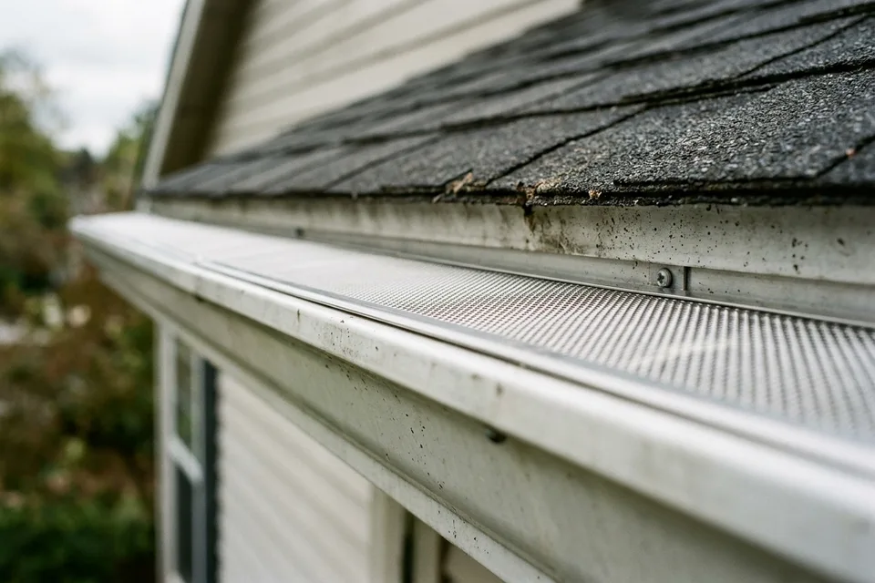 Metal gutter with a guard keeping debris and embers out at the roof edge.