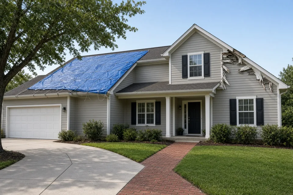 Two-story suburban US home with partial roof tarp and damaged gable siding after a storm.