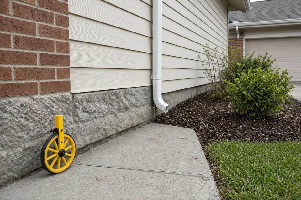 Measuring wheel and tape along the brick foundation corner of a US home to verify square footage.