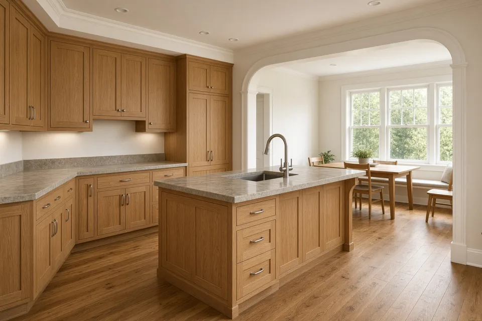 Remodeled US kitchen with custom wood cabinets, stone counters, and oak floors that increase rebuild cost.