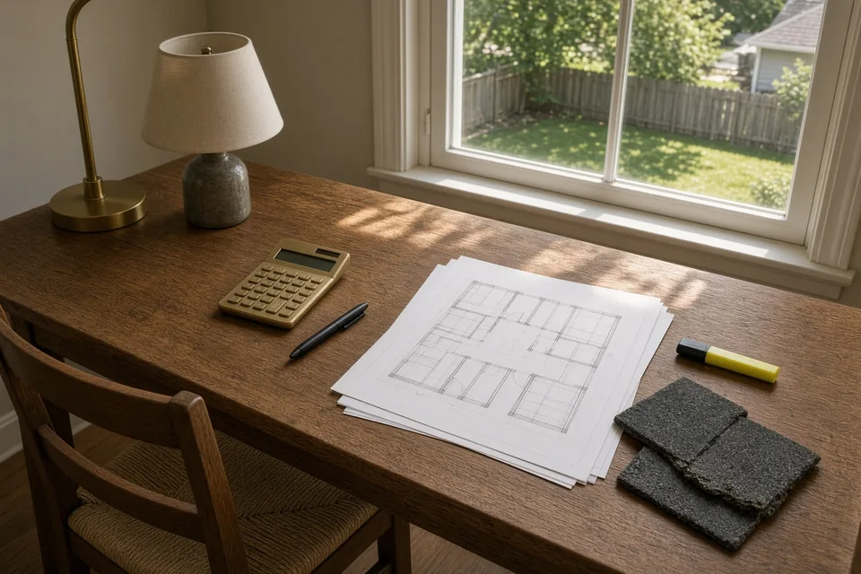 Calculator, floor-plan sketch, and damaged shingle sample on a wooden table for claim math review.