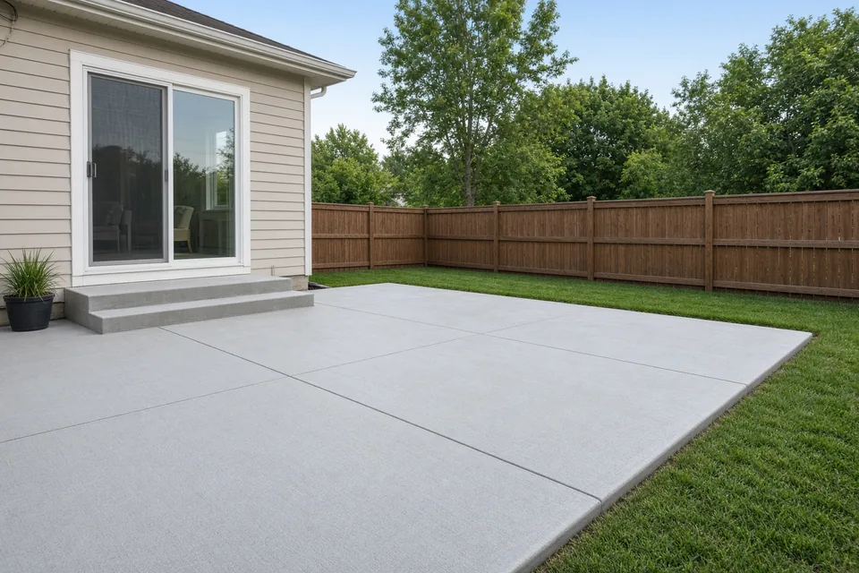 Newly poured 300-square-foot broom-finished concrete backyard patio with saw-cut joints and door step.