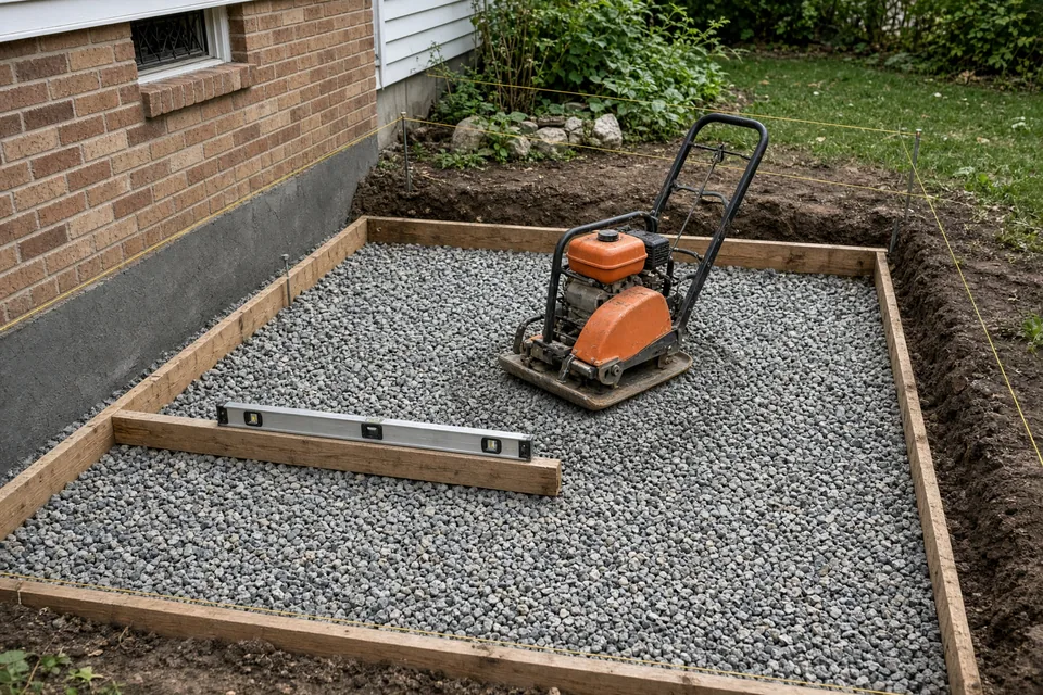 Excavated backyard patio bed with compacted crushed limestone base and string lines for drainage slope.