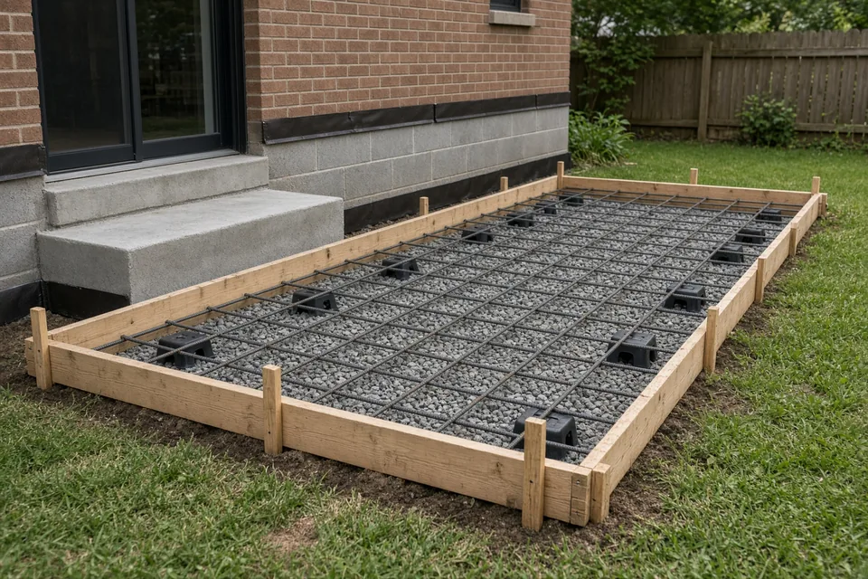 Wood patio forms with expansion strip at the house wall and steel rebar grid on plastic chairs.