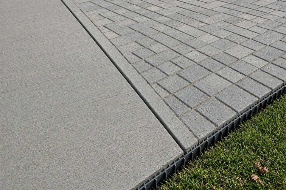 Close comparison of broom-finished concrete with a control joint beside interlocking herringbone pavers.