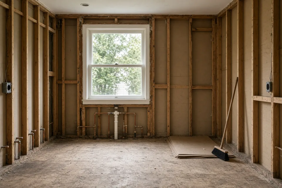 Kitchen gutted cleanly down to bare wood wall studs and swept subfloor with capped plumbing pipes.
