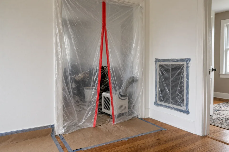 Clear plastic dust containment barrier with a walk-through zipper door and floor protection in a hallway.