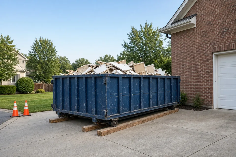 Twenty-yard roll-off dumpster resting on wood protection planks on a residential driveway.