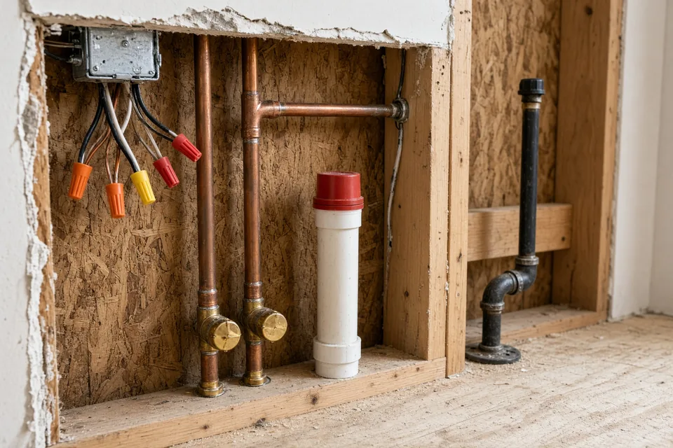 Capped copper water pipes, plugged PVC drain, and safe-off electrical box in an open stud wall.