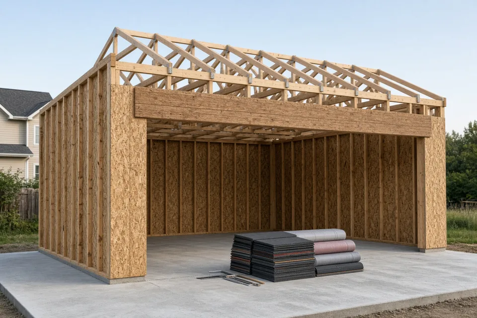 Framed two-car detached garage showing OSB wall sheathing, wide LVL bay header, and wood roof trusses.