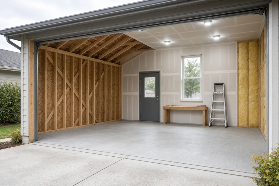 Interior of a detached garage comparing open-stud framing against insulated and drywalled workshop walls.