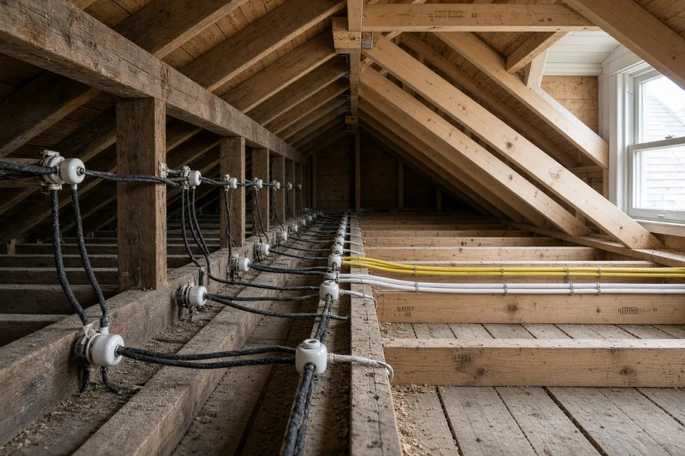 Attic showing old porcelain knob-and-tube wiring beside newly installed grounded copper NM-B cables.