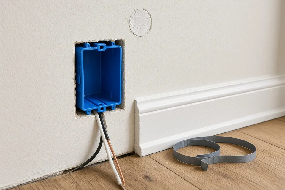Old-work electrical box with new copper cable fished into a plaster wall above the baseboard.