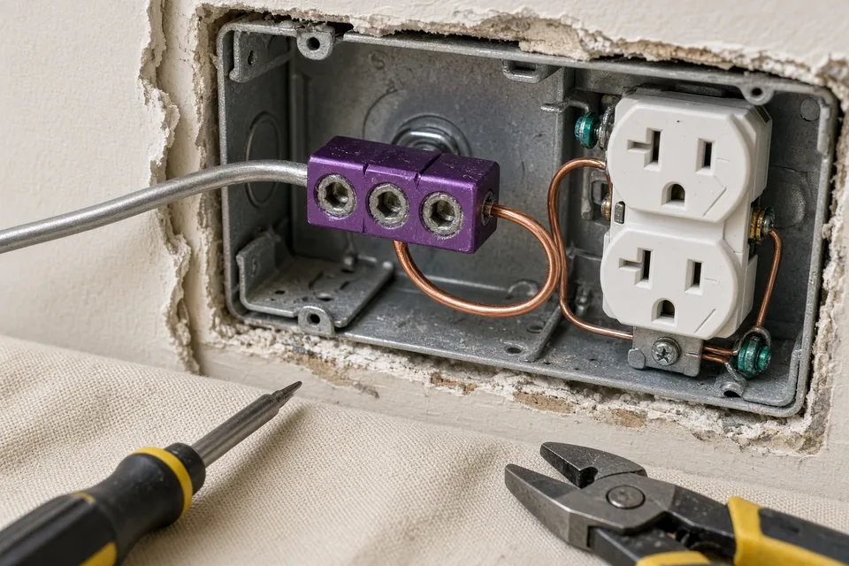 Close-up of a three-port set-screw connector joining an aluminum wire to a copper pigtail in an outlet box.