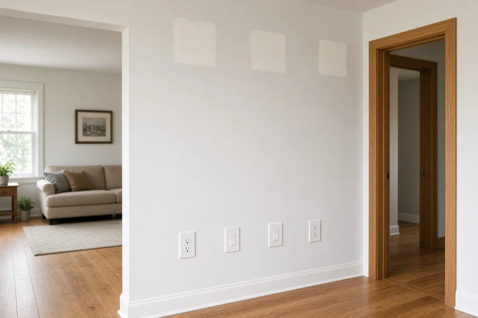 Finished plaster wall showing small skim-coated access patches near the ceiling after a house rewire.