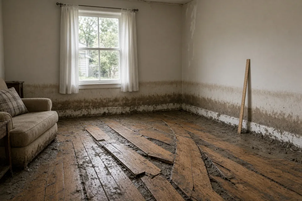 Living room showing an 18-inch silt high-water line on drywall and buckled hardwood after floodwater receded.