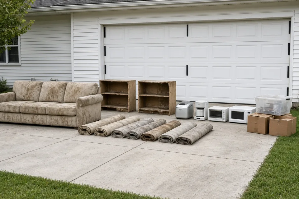 Water-damaged sofa, bookshelves, and rugs lined up on a residential driveway for claim documentation.