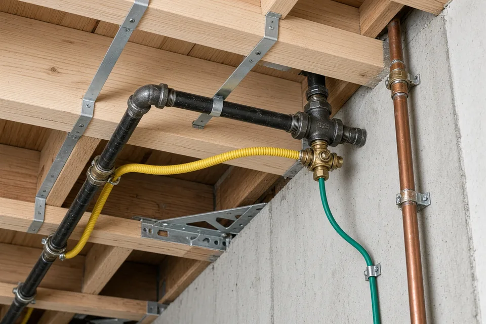 Basement gas manifold with black iron pipe, yellow CSST branch, and copper bonding clamp on joists.