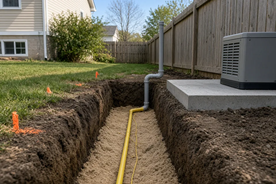 Open backyard trench with yellow polyethylene gas pipe, copper tracer wire, and steel riser at a concrete pad.