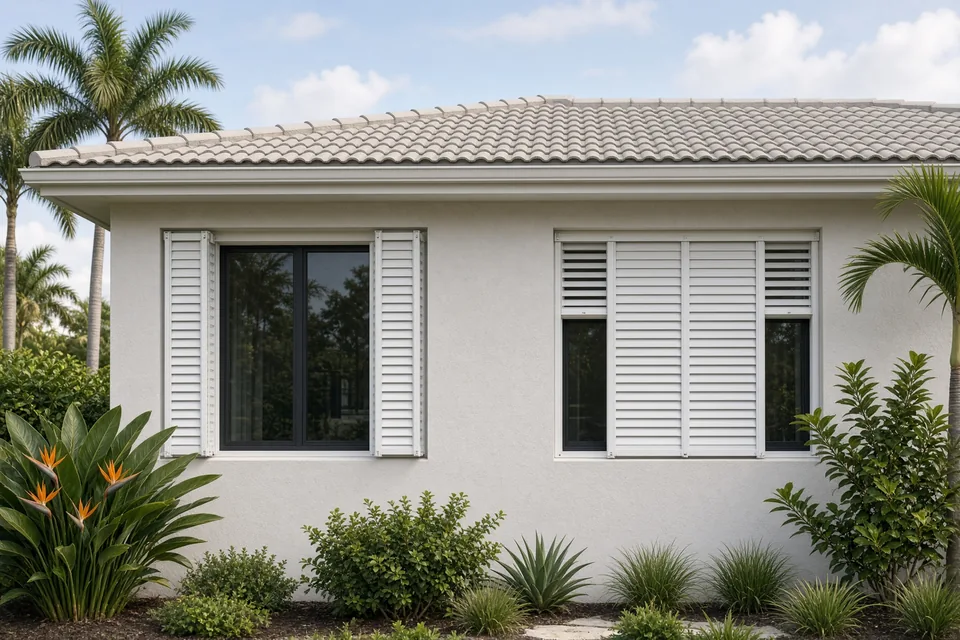 Coastal stucco home showing white aluminum accordion hurricane shutters stacked and half-closed on window tracks.