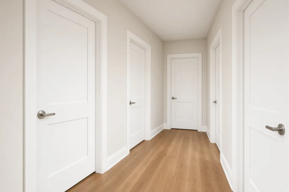 Upstairs residential hallway with four newly installed white shaker interior doors and brushed nickel levers.