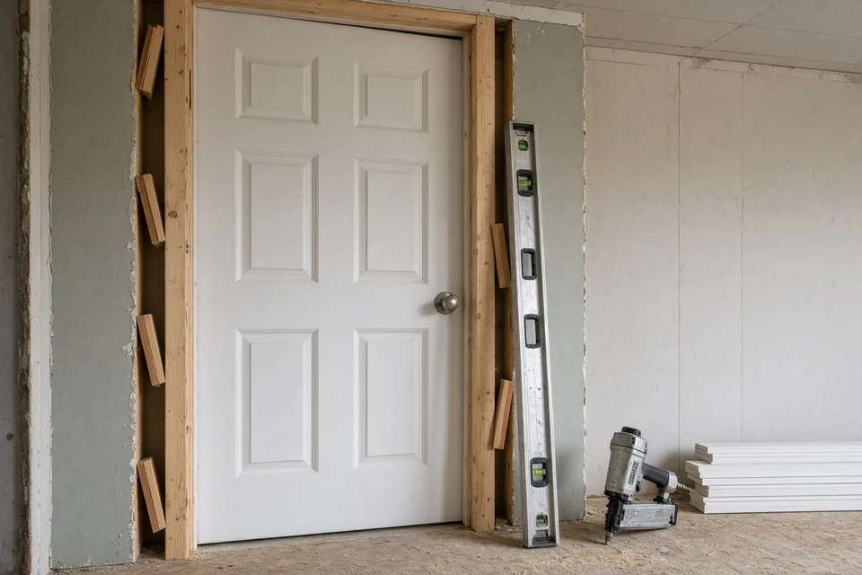 Prehung interior door shimmed with cedar wedges inside a rough stud opening next to a 4-foot level.