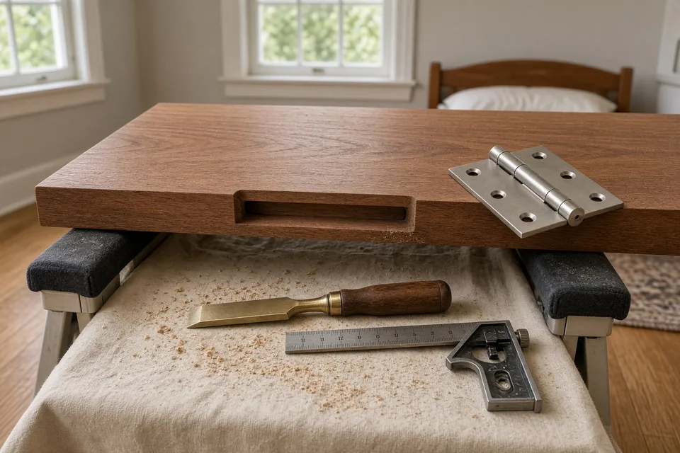 Freshly routed hinge mortise on the edge of a solid-core interior door slab on sawhorses.