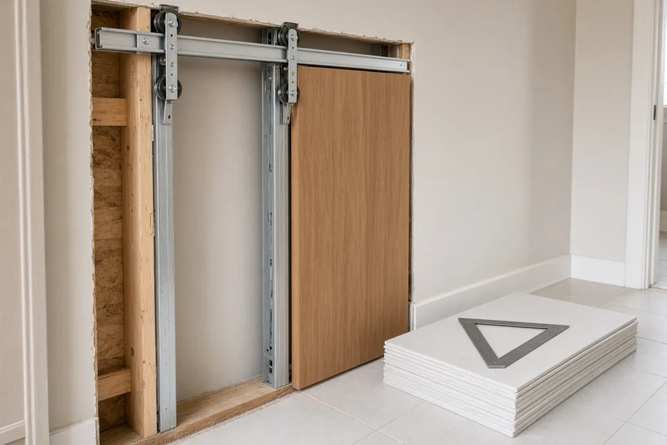 Opened bathroom wall showing a pocket-door aluminum header track, split studs, and sliding door slab.