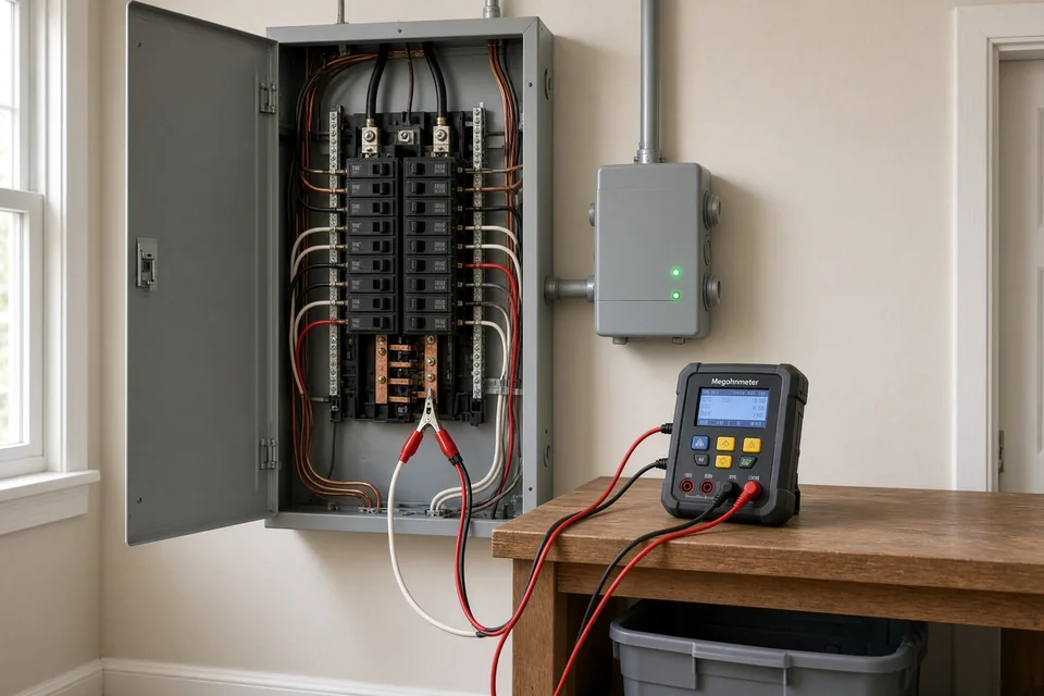 Open 200A breaker panel with a digital megohmmeter insulation tester and a whole-house surge protector.