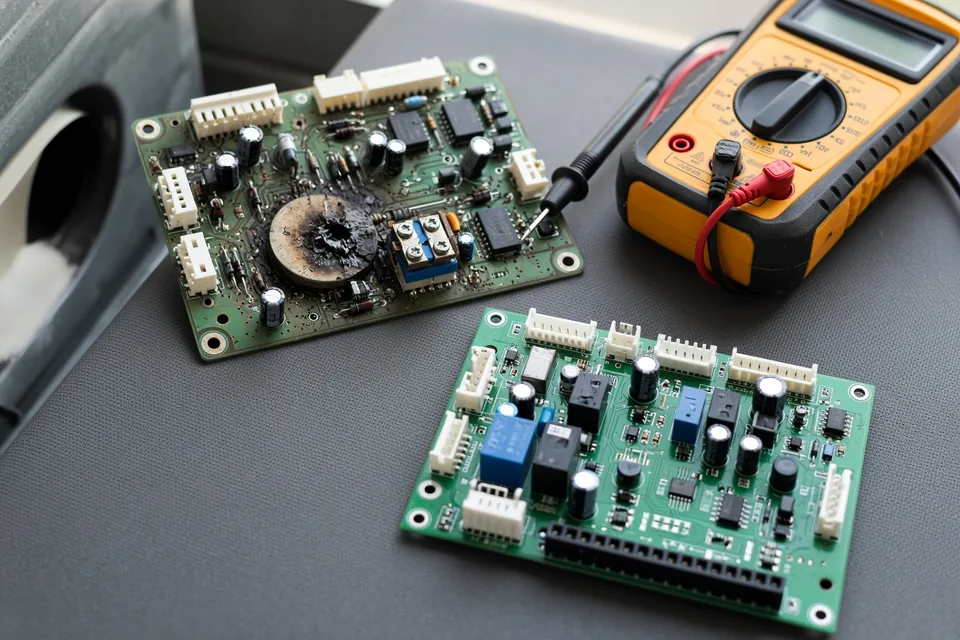 Surge-damaged HVAC control circuit board with a darkened varistor next to a multimeter and replacement board.