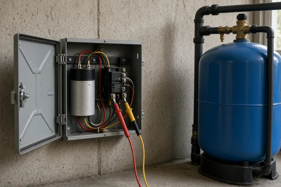 Open well pump starter control box beside a blue pressure tank being tested after a lightning surge.