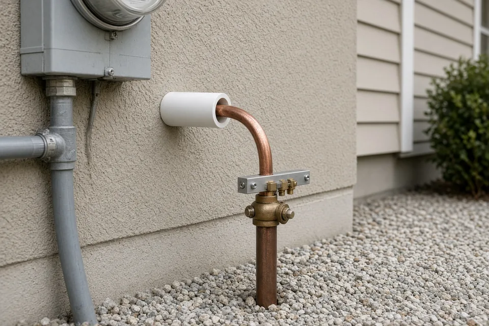 Bare copper grounding wire clamped to an exterior ground rod with an intersystem bonding bridge.