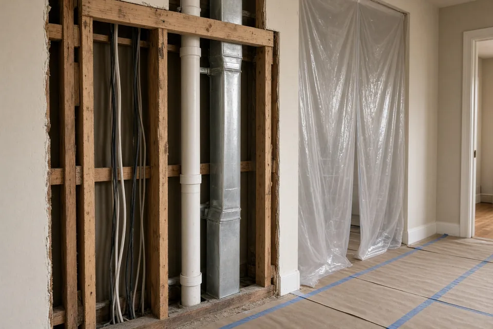 Opened load-bearing stud wall revealing electrical wires, a PVC vent pipe, and a metal heating duct.
