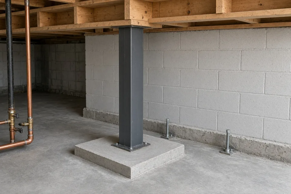 New steel support column on a fresh concrete footing pad in a basement below a load-bearing beam.