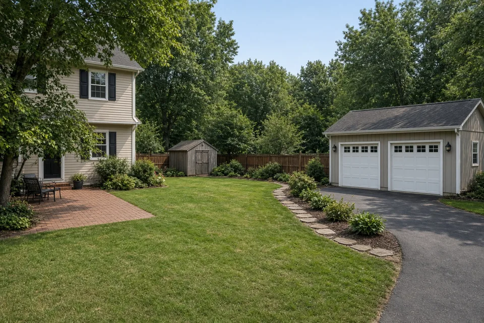 Main house separated by clear yard space from a detached two-car garage and backyard wood fence.