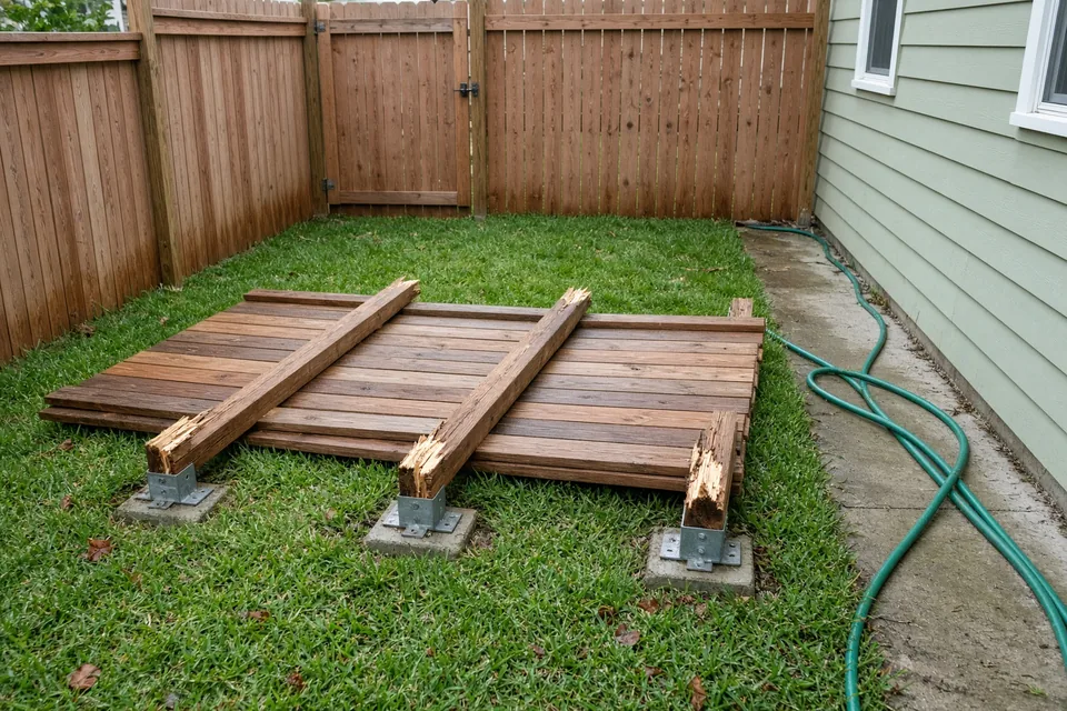 Three blown-down cedar fence panels with freshly snapped wood posts on a backyard lawn.