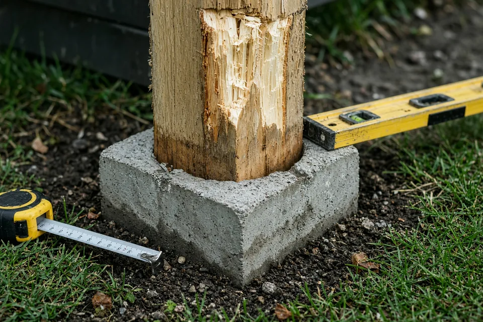 Close view of cleanly splintered wood fibers on a wind-snapped fence post next to a tape measure.