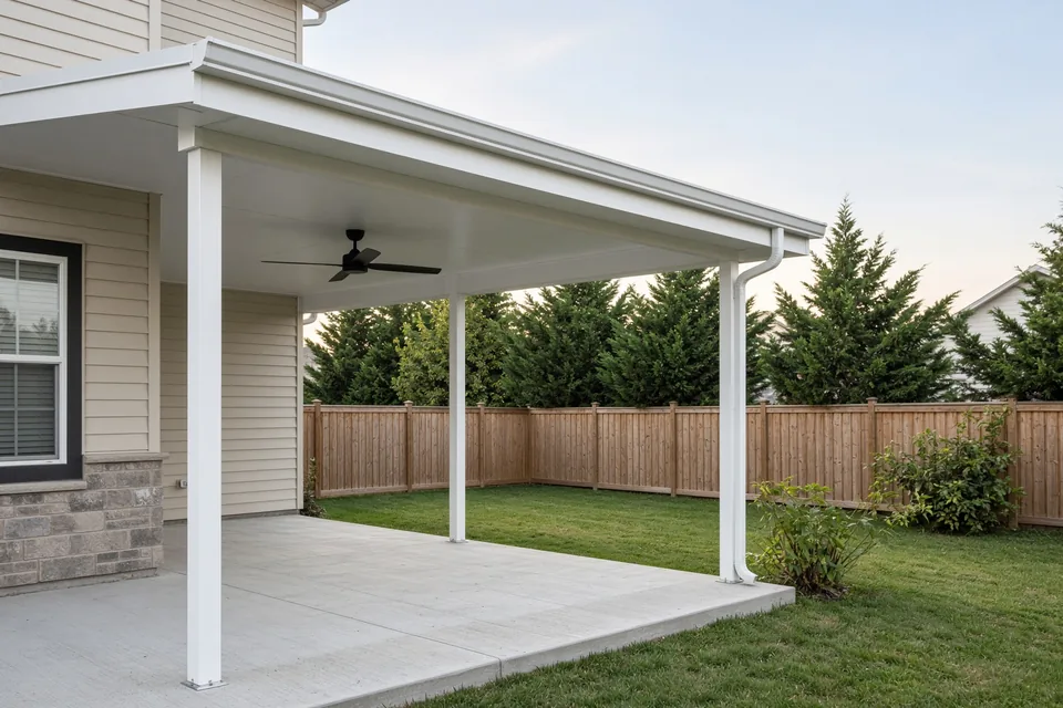 Attached white insulated aluminum patio roof over a concrete patio with three posts, gutter, and ceiling fan.