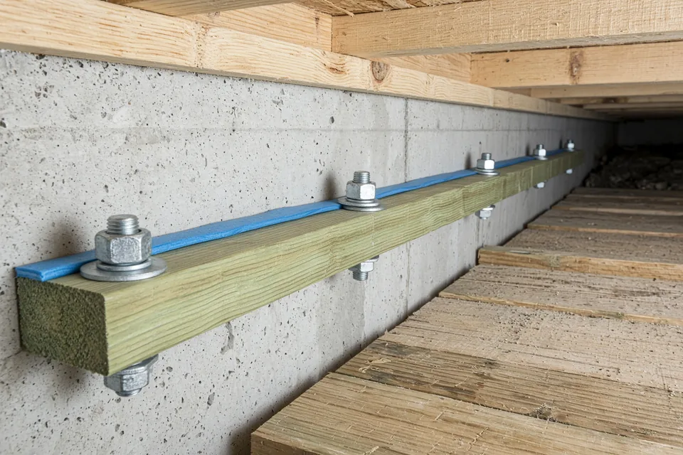 New pressure-treated wood sill plate bolted to a concrete crawlspace stem wall over a foam gasket.