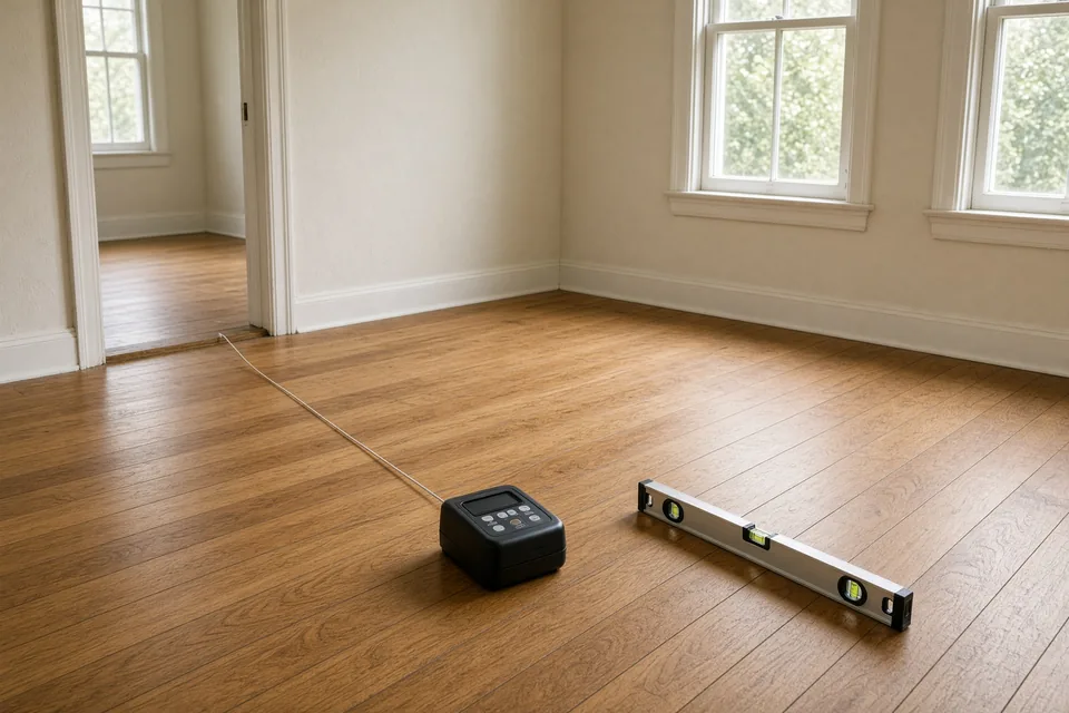 Digital hydrostatic elevation level and spirit level on a hardwood floor measuring pier-and-beam settlement.