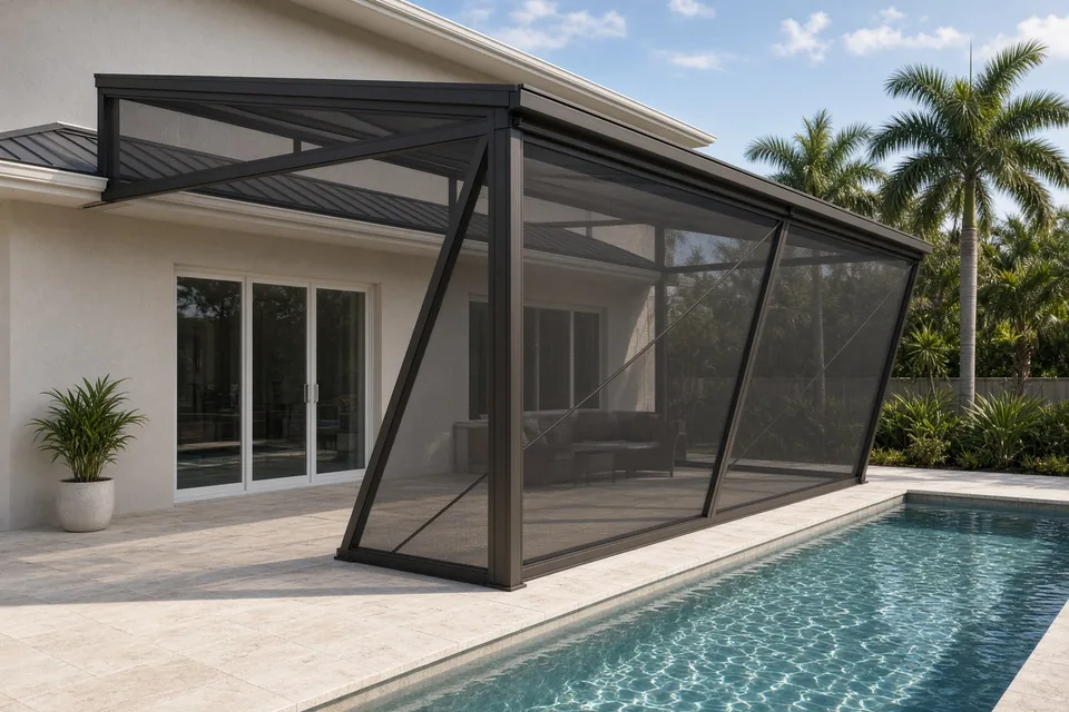 Dark-bronze aluminum mansard pool screen enclosure over a Florida pool deck with taut charcoal mesh.