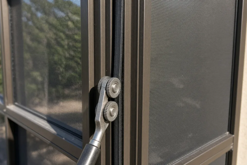 Screen spline roller pressing black flat vinyl spline into the groove of a bronze aluminum pool cage beam.