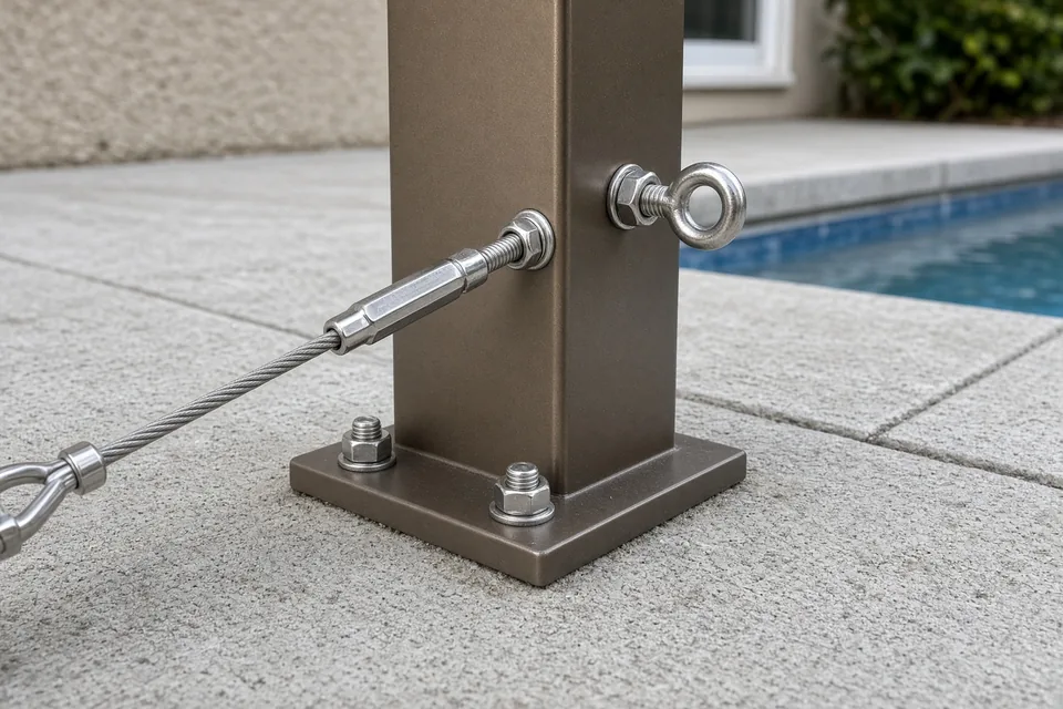 Bronze aluminum pool cage post anchored to a concrete deck with stainless Tapcon bolts and a wind cable.