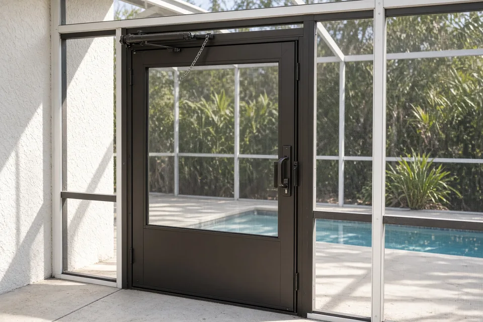 New bronze aluminum pool cage screen door featuring a 16-inch bottom kickplate, pneumatic closer, and storm chain.