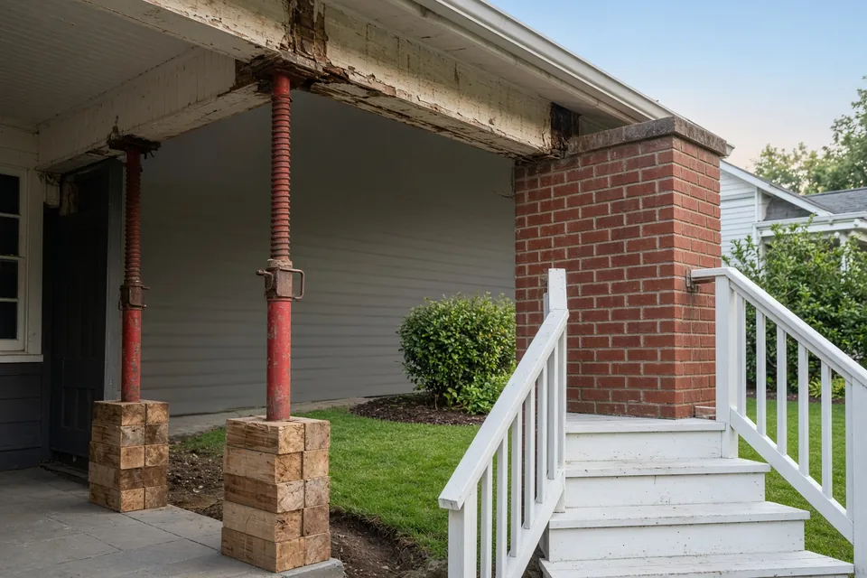 Steel screw-jack shoring posts supporting a porch roof beam while a rotted corner column is removed.